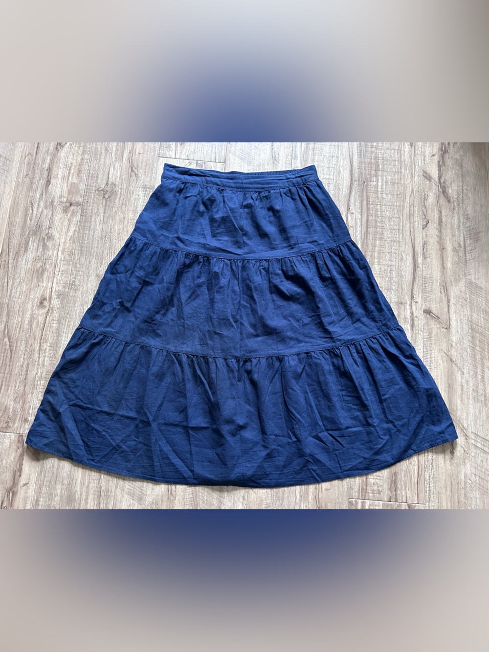 Linen blend Tiered Midi pull on Skirt Navy Blue with pockets fall neutral basic - Picture 6 of 8